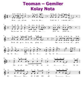 Teoman – Gemiler Keman, Melodika, Flüt, Org Notaları