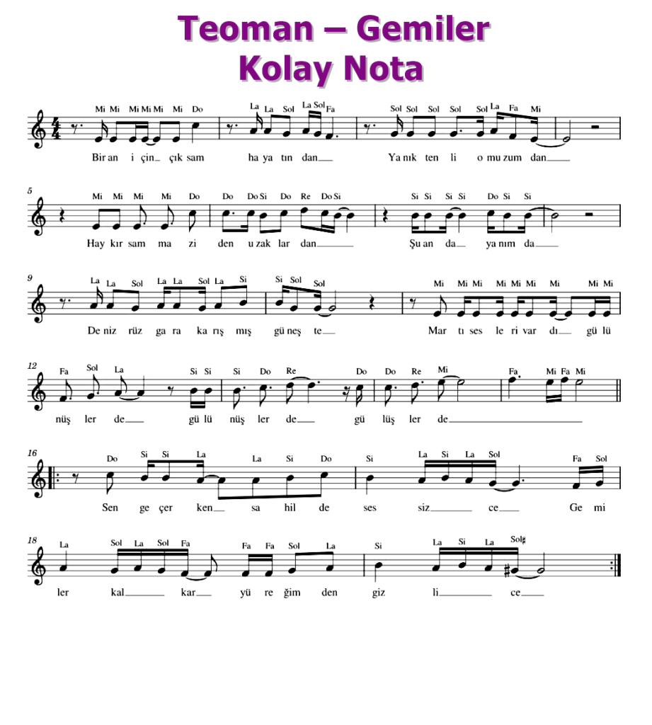 Teoman – Gemiler Keman, Melodika, Flüt, Org Notaları