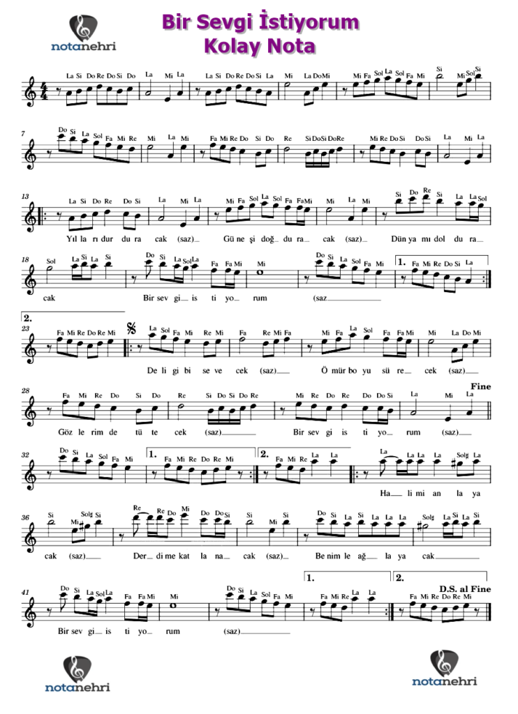 Bir Sevgi İstiyorum Keman, Ud, Melodika, Flüt, Org Notaları