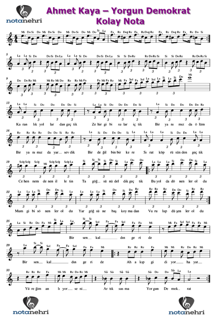 Ahmet Kaya – Yorgun Demokrat Keman, Melodika, Bağlama, Flüt, Piyano, Org Notaları