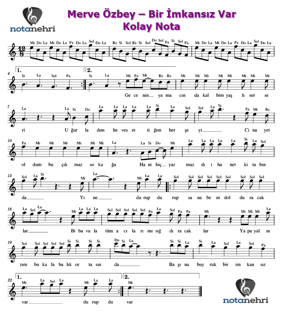 Merve Özbey – Bir İmkansız Var Keman, Piyano, Melodika, Flüt, Org Notaları