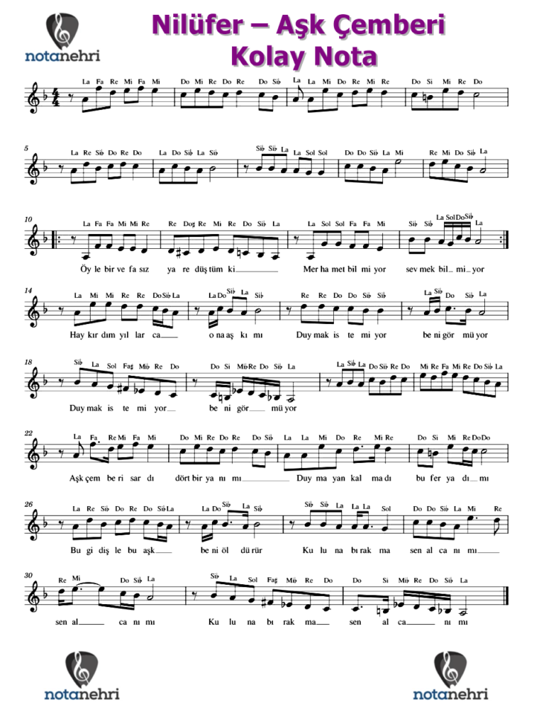 Nilüfer – Aşk Çemberi Keman, Piyano, Melodika, Flüt, Org Notaları