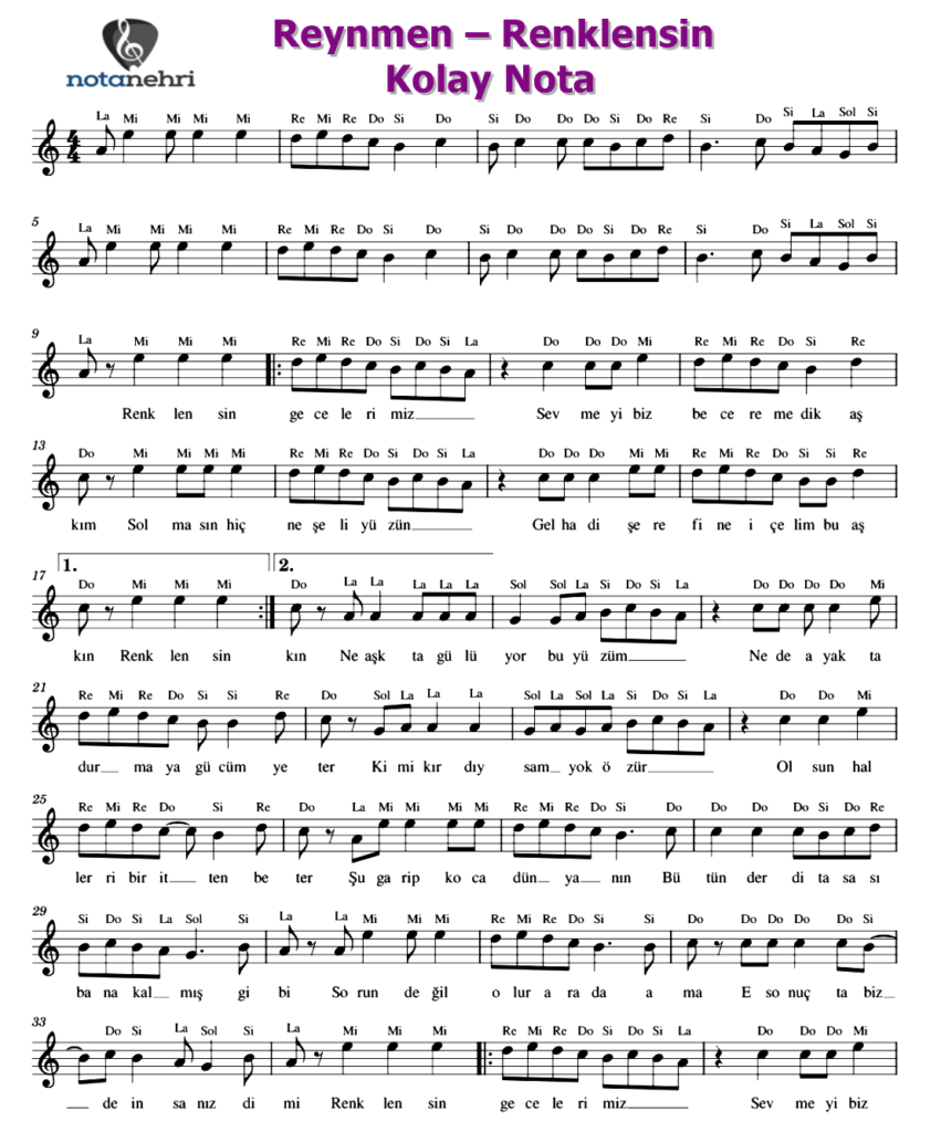 Reynmen – Renklensin Keman, Piyano, Melodika, Flüt, Org Notaları