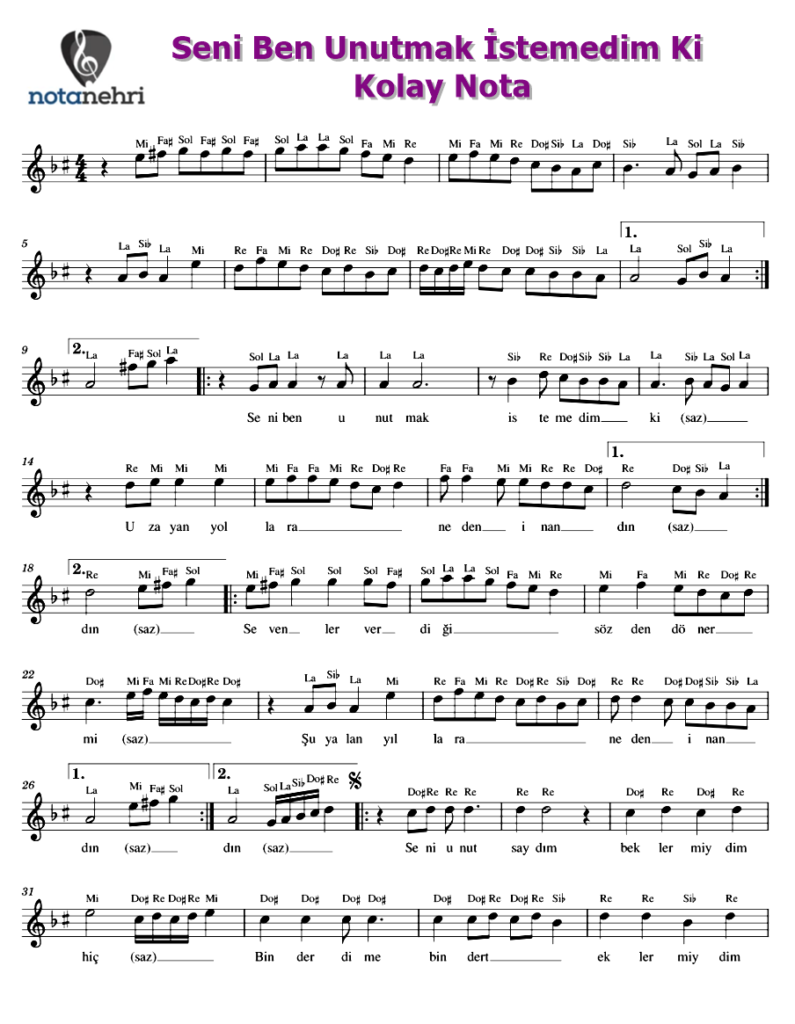 Seni Ben Unutmak İstemedim Ki Keman, Melodika, Flüt, Ud, Ney, Bağlama, Org Notaları